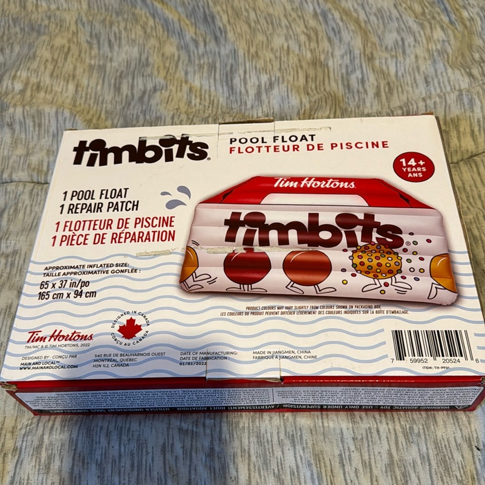 Timbits Pool Float Tim Hortons Beach Water  65" x 37"  5 Feet Tall NEW NIB